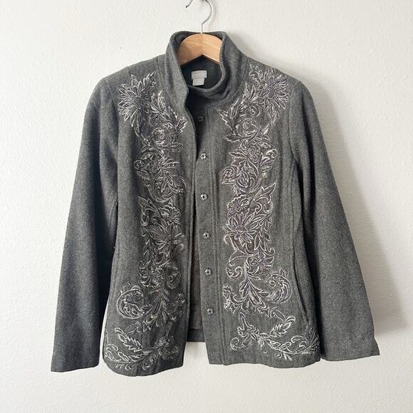 Chico's Size 1 Gray Wool Blend Beaded Embellished Jacket Women’s Size Medium - Picture 10 of 15